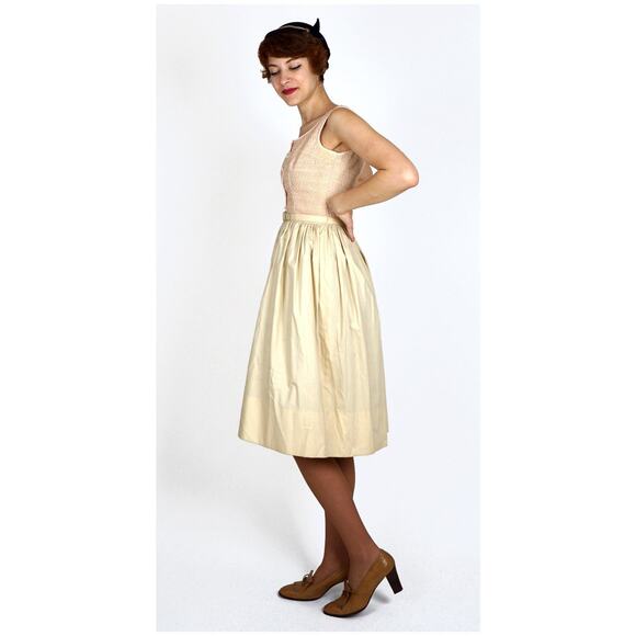 Vintage 1950s Beige and Pink Sleeveless Shirt-Waist Dress w Smocked Tank | Small - Picture 4 of 5